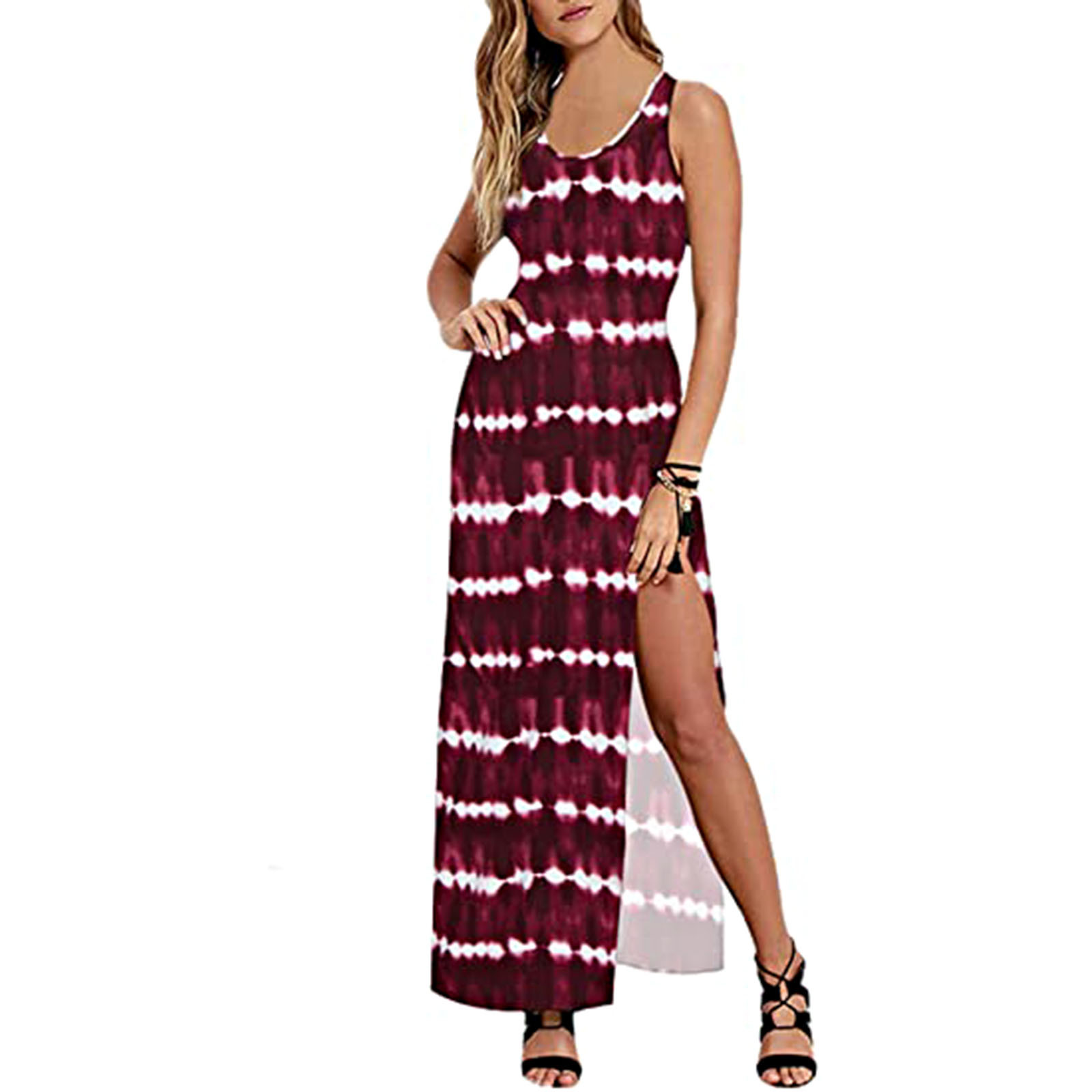 2021亚马逊wish欧美外贸跨境新款女装 横纹印花背心连衣开叉长裙|ms