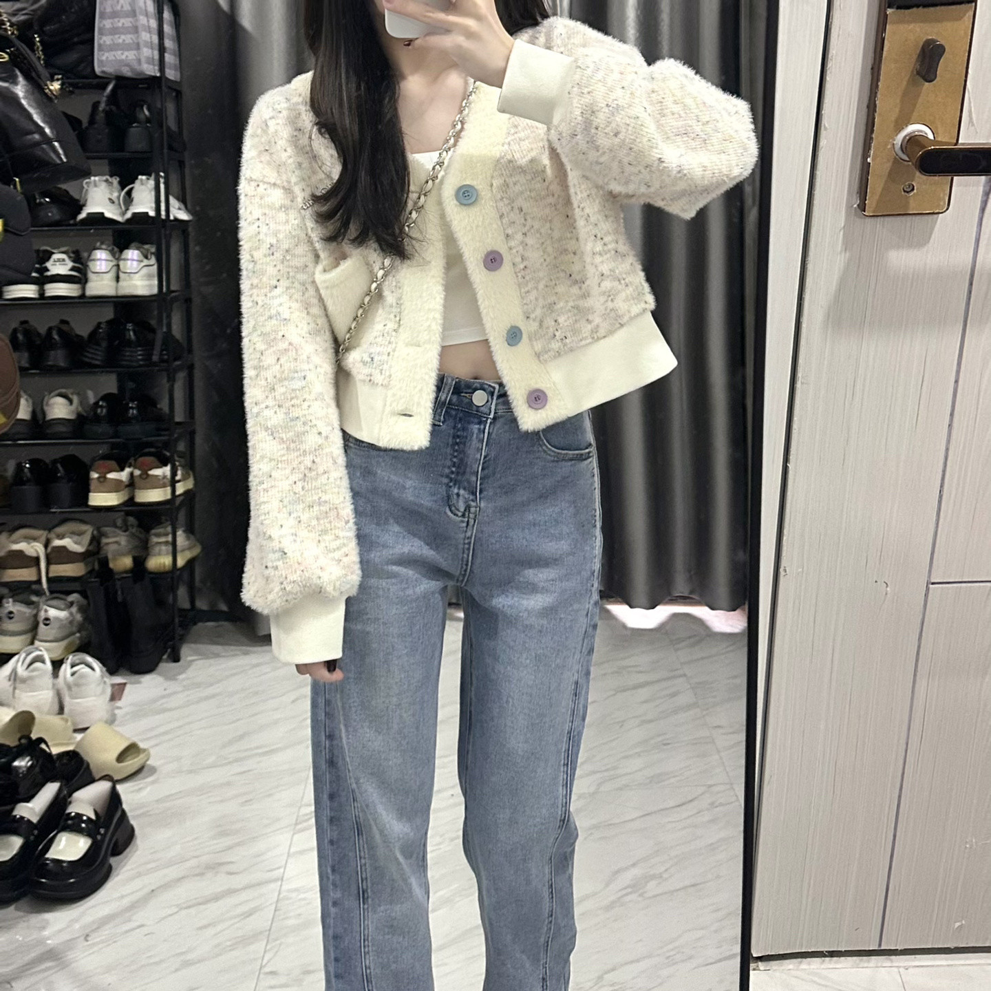이른 가을 2023 달콤한 컬러 소프트 왁스 밍크 스웨터 카디건 라이트 블루 스트레이트 튜브 스플릿 청바지 착용 2 피스 세트