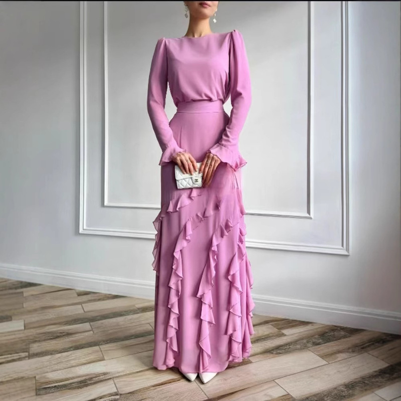 In Stock 2025 Spring European and American Cross-Border Foreign Trade High-End Dress Set with Three-Dimensional Ruffles, Slim-Fit Long Skirt Two-Piece Set In Stock 2025 Spring European and American Cross-Border Foreign Trade High-End Dress Set with Three-Dimensional Ruffles, Slim-Fit Long Skirt Two-Piece Set