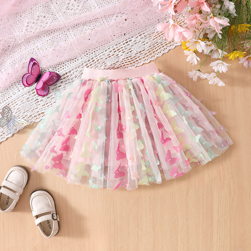 Ropa infantil al por mayor niñas coloridas mariposa tridimensional falda corta de verano falda de princesa de cuatro estaciones y media falda