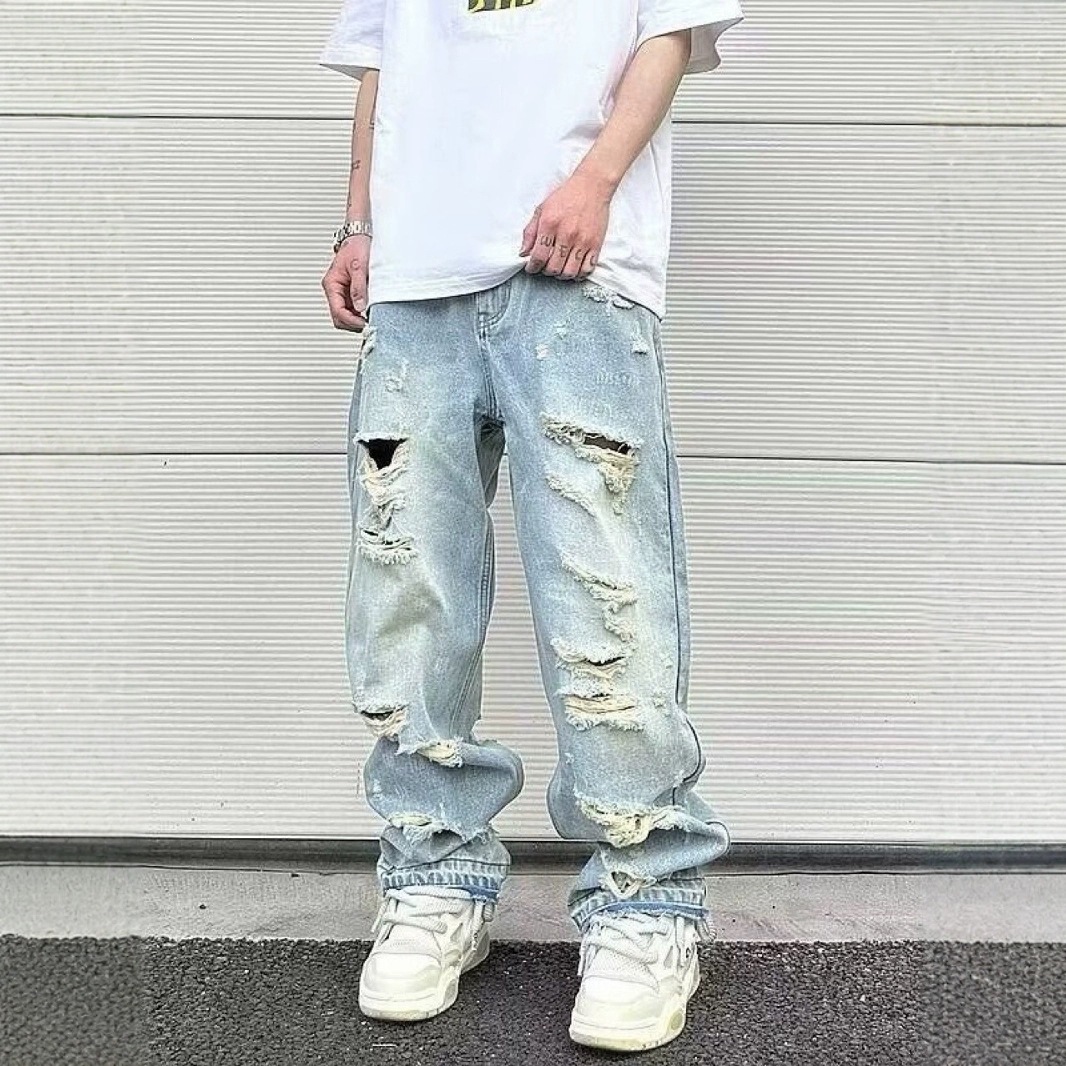 美式vibe风裤子高街潮牌设计感水洗破洞牛仔裤男复古街头阔腿长裤