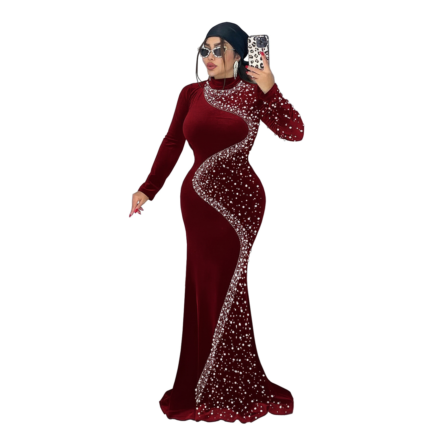 C7616 Aliexpress transfronterizo Amazon Europa y América de moda moda femenina temperamento elegante de seda de diamante vestido de vestido