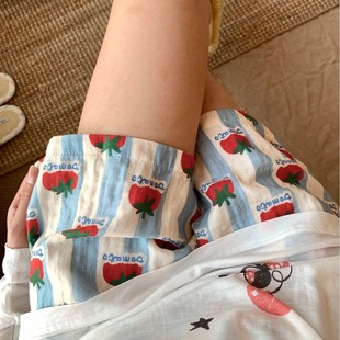 Pure Cotton! Blue Stripesd Tomato Type a Cotton Double-Layer Gauze Shorts Cute Women's Home Loose Printed Pajamas