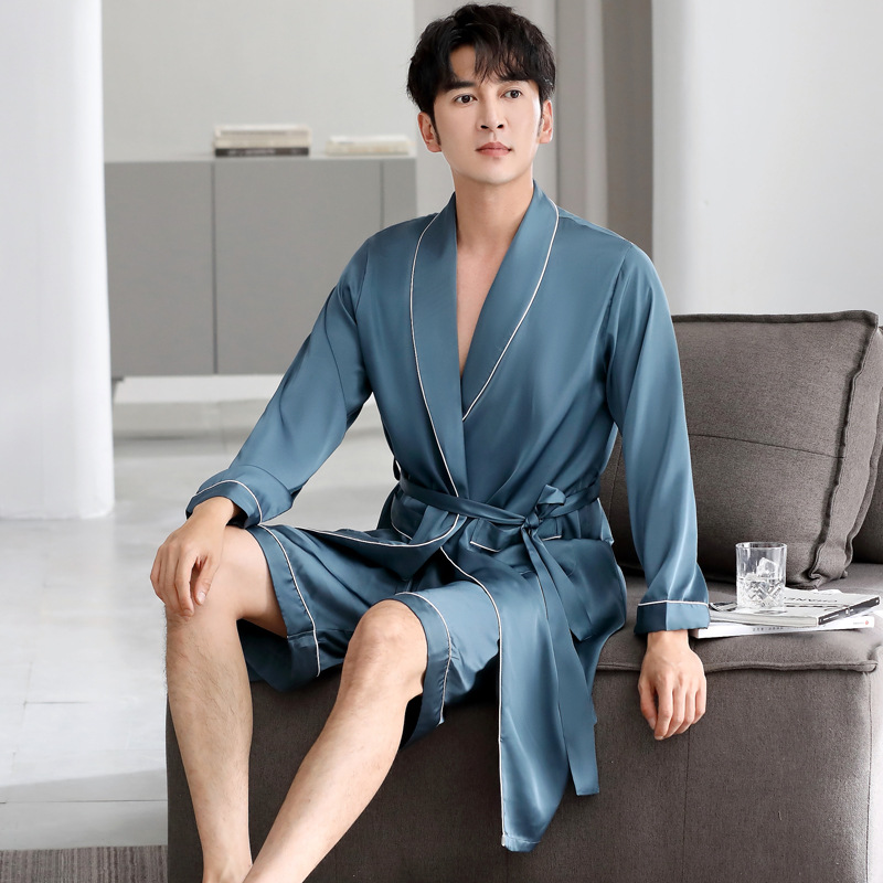 Men's Summer Sleepwear Silk-like Thin Silk Sleepwear Long Sleeve Set Spring Autumn Bathrobe Bathrobe Medium Length 