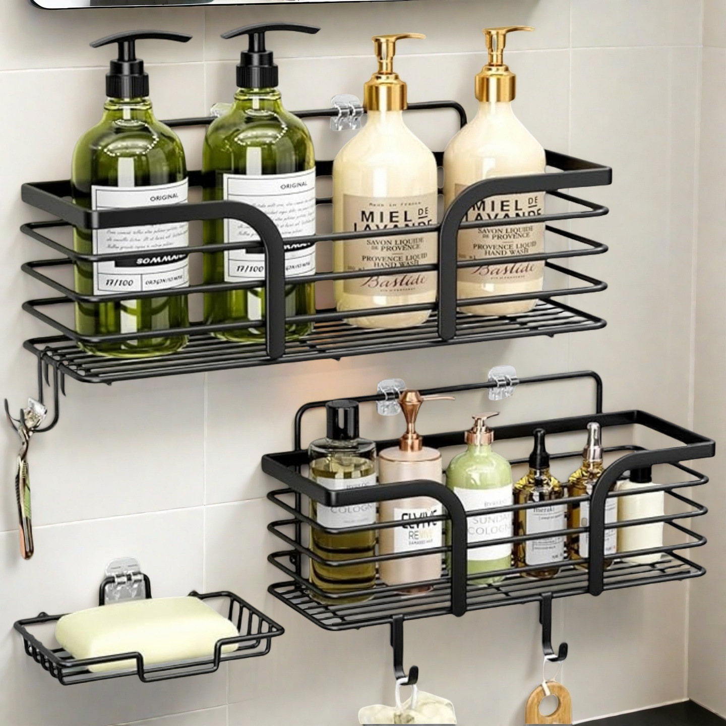Cross-Border Wrought Iron Carbon Steel Bathroom Storage Rack Without Punching Wall-Mounted Bathroom Wall Toiletries Storage
