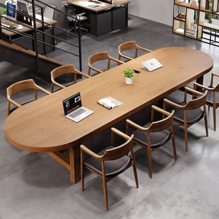 Retro Modern Simple Solid Wood Large Oval Conference Table Long Table Industrial Style Log Office Desk and Chair Combination Tea Table