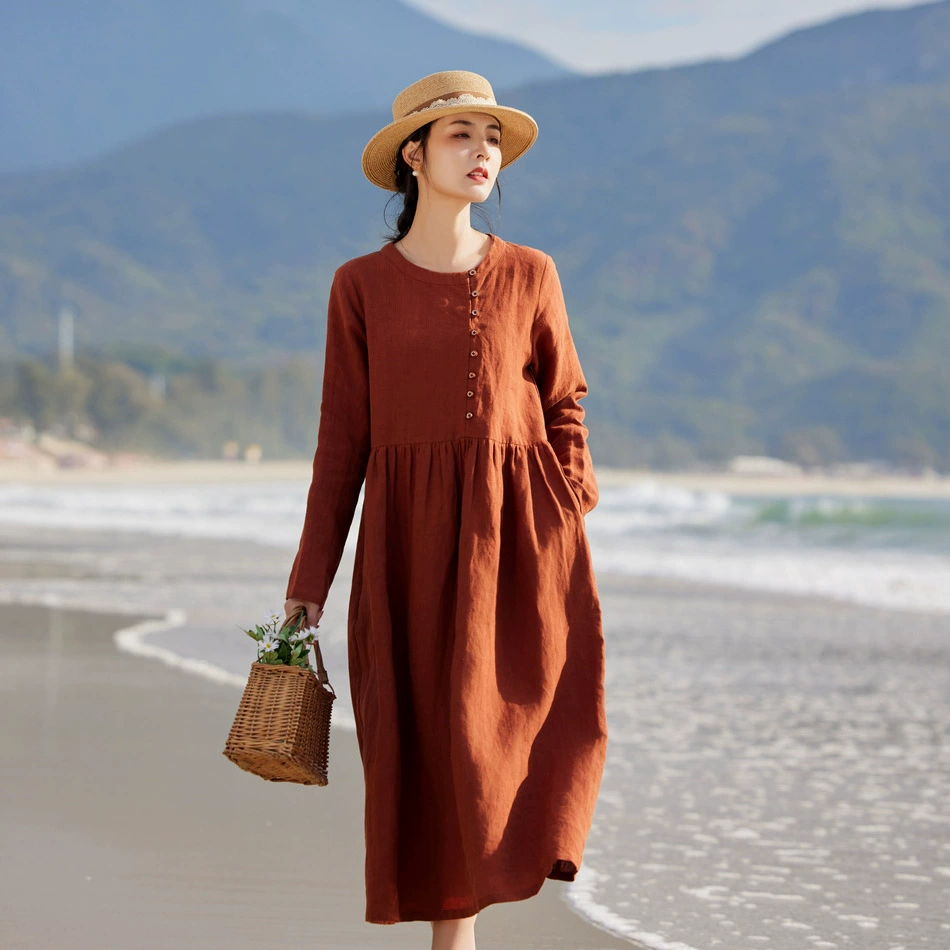 Мытье кожи льняного нового стиля женская весна/лето 2025 новая шнуровка длинное платье с длинными рукавами