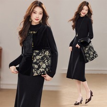 冬季新款加棉新中式圆领真毛马甲洋气显瘦气质款两件套裙女方格款