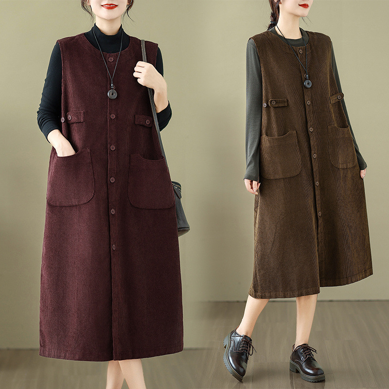 Real Shot of Retro Pure Color Corduroy Sleeveless Dress for Women 2025 Autumn and Winter New Style Mid-Length Cardigan Vest Dress for Women