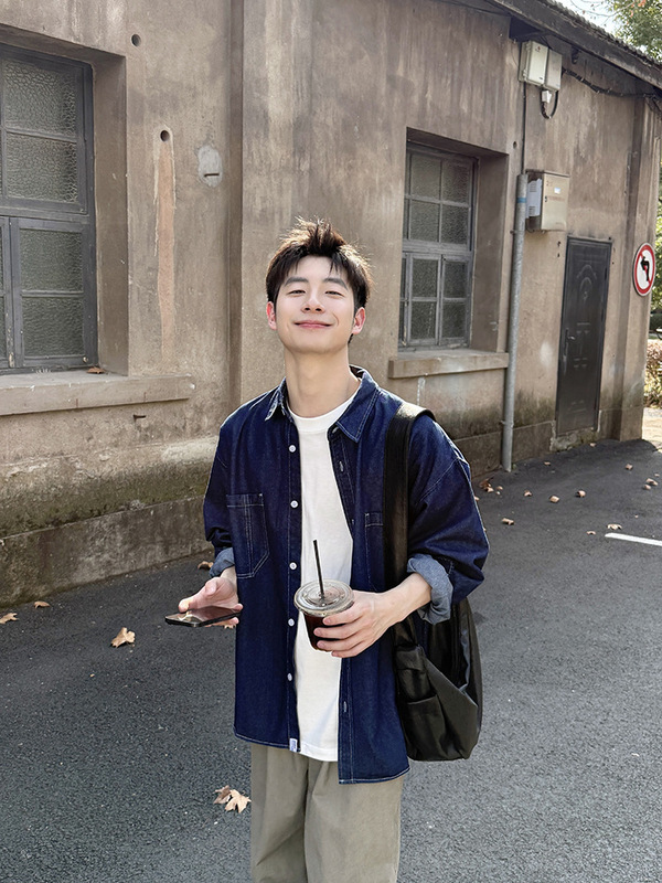 蓝色牛仔衬衫长袖男生春秋季2025新款日常百搭外套上衣衬衣纯色|undefined