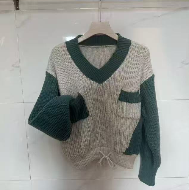 Cross-border empalmado V-collar suéter de caída de invierno nuevo suelto perezoso viento contra el color de la camisa de punto image 5