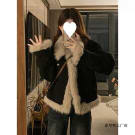 复古羊羔毛牛仔外套女秋冬季加厚新款感拼接毛毛棉服氨纶