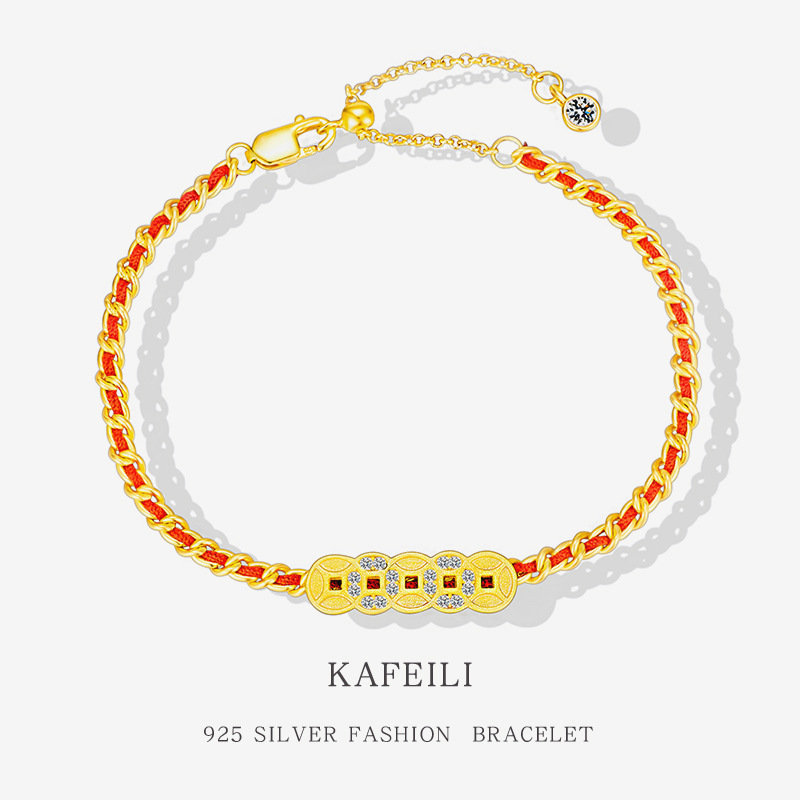 Five Emperors Money Bracelet Red Rope Women's 925 Sterling Silver Year of the Snake Year of the Snake Multi-Strand Woven Niche Design Jewelry Five Emperors Money Bracelet Red Rope Women's 925 Sterling Silver Year of the Snake Year of the Snake Multi-Strand Woven Niche Design Jewelry