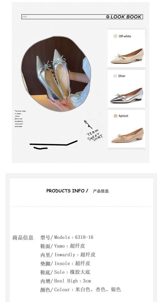 Giày búp bê nữ mũi nhọn đế bằng đính pha lê hoa nơ, độn cao bên trong — Màu bạc, Màu mơ, Màu trắng be chi tiết 5