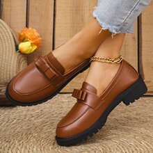 外贸跨境英伦风小皮鞋女2024新款秋冬厚底蝴蝶结一脚蹬大码乐福鞋