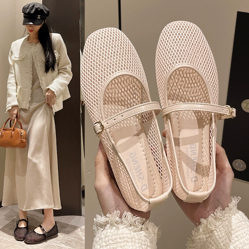 2025 new summer style small fragrant flat Mary Jane shoes for women Korean style French mesh shallow mouth breathable beanie women's shoes