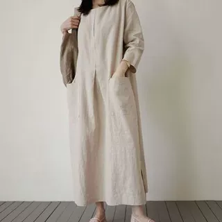 韩国chic棉麻连衣裙女中长款韩版宽松大码时尚大口袋亚麻休闲裙子