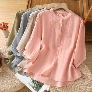Actual Shot of 2025 New Retro Embroidered Ramie Shirt Women's Stand-Up Collar Single-Breasted Shirt Elegant Embroidered Cardigan Top