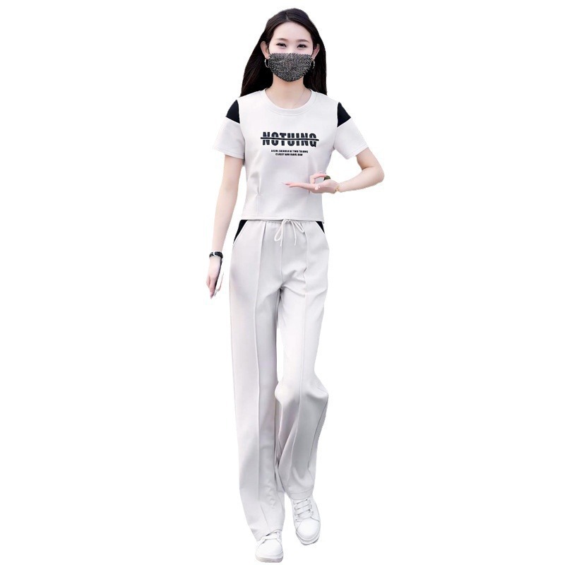 Women's Contrast Color Casual Sports Suit Short Sleeved Top And Wide Leg Pants Two Piece Set Stylish Slimming Trendy 2026_ecoleips.com