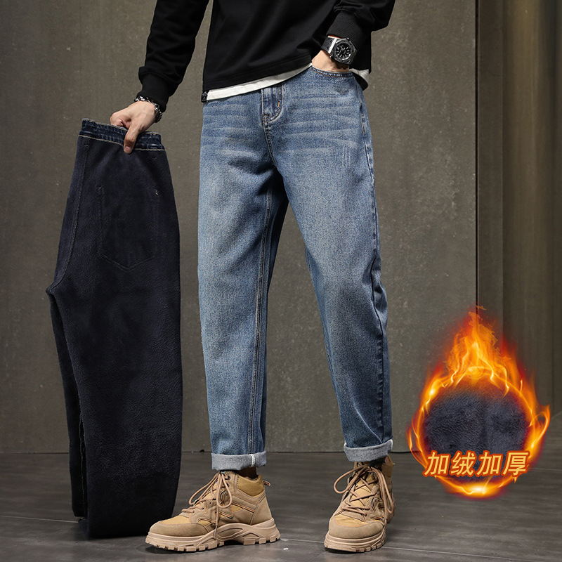 Men's jeans 2023 winter new Korean version of the fashion brand elastic straight tube plus fleece casual everything simple long pants