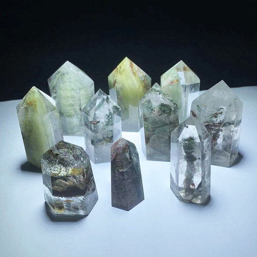Donghai natural crystal six-sided single-pointed green ghost crystal column natural crystal raw stone polished crystal column wholesale