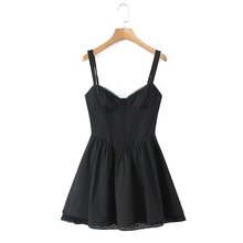 9728-24冬季新款 欧美风少女鱼骨修身蝴蝶结蕾丝拼接吊带裙连衣裙