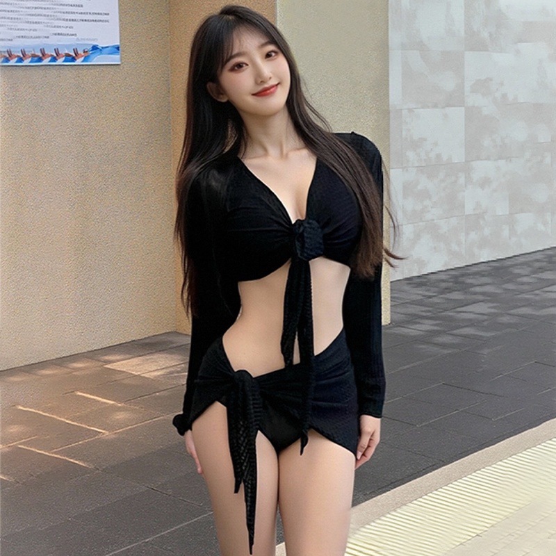 Traje de baño para mujer 2025 bikini de cuatro piezas de color sólido dividido de alta gama traje de baño de vacaciones de aguas termales de playa sexy