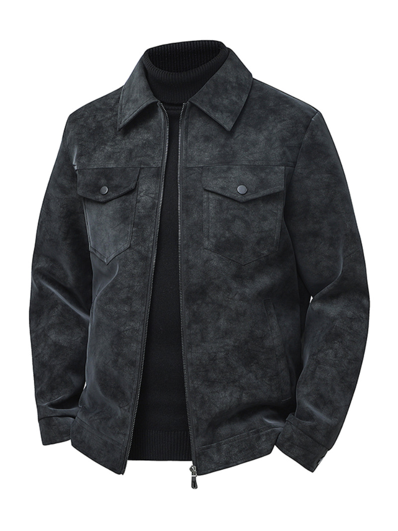 2025 otoño nueva chaqueta de herramienta PU de cuello de gamuz chaqueta de hombre chaqueta de cuello de gamuz chaqueta casual negra chaqueta retro