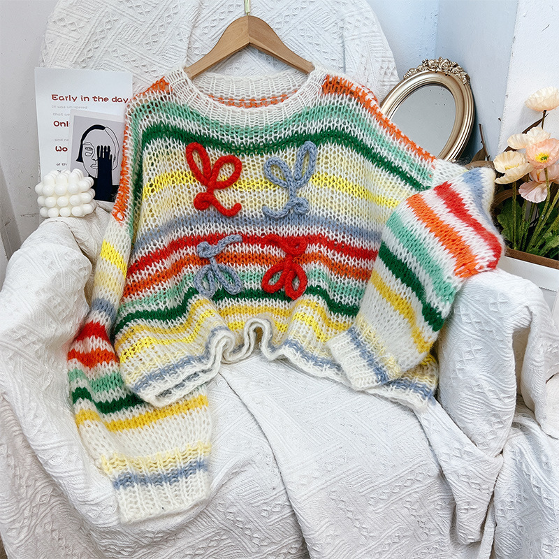 High-end sense niche lazy style rainbow color thin autumn and winter bow three-dimensional round neck pullover sweater long sleeve women High-end sense niche lazy style rainbow color thin autumn and winter bow three-dimensional round neck pullover sweater long sleeve women