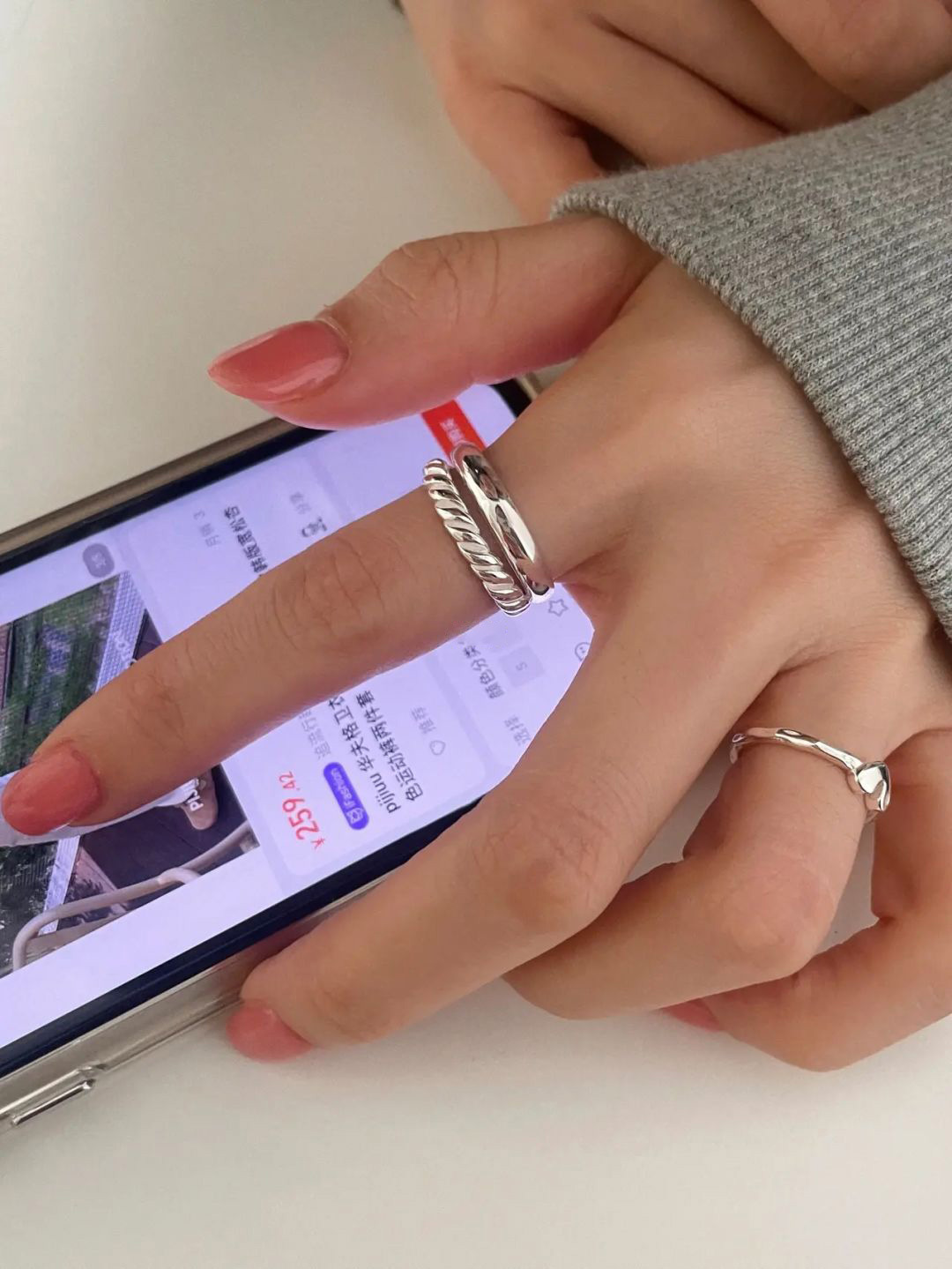 Bague cœur en argent sterling double couche design coréen_voghion.com