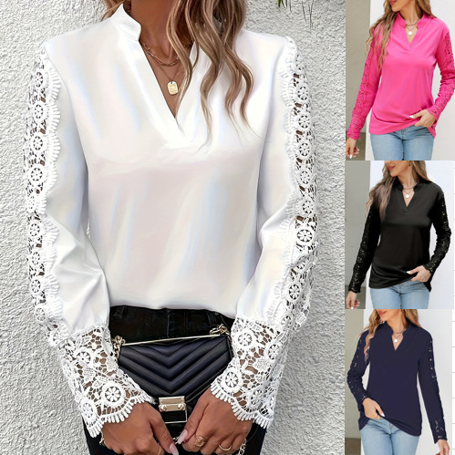 2024 Amazon New Cross-Border Shirt Spring and Summer Solid Color Lace Splicing V Neck Women's Shirt 2024 Amazon New Cross-Border Shirt Spring and Summer Solid Color Lace Splicing V Neck Women's Shirt