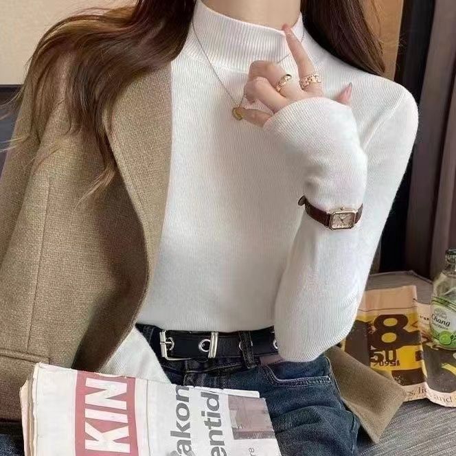 半高领打底衫女秋冬新款修身毛衣洋气显瘦针织衫上衣冰丝肩带款|undefined