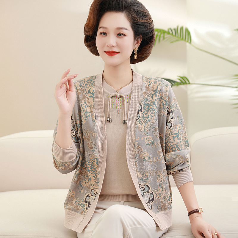 50岁妈妈秋装针织衫两件套洋气外套2025新款中老年女春秋风开衫，女装套装/套裙，妃慕昵服饰
