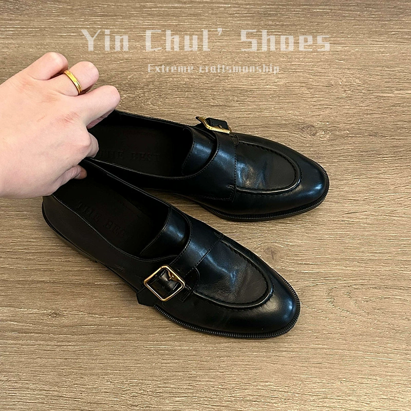Туфли-лоферы на монке в стиле Чэнду для женщин - slip-on с британской колодой, толстый каблук, черные