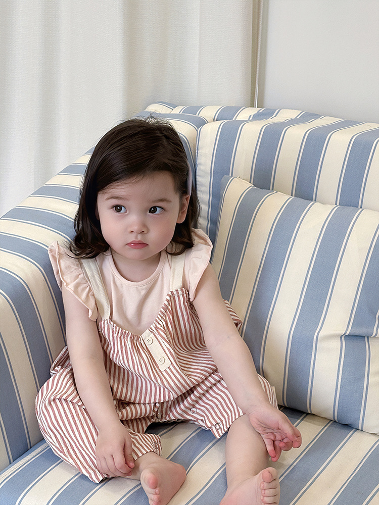 赤ちゃん服外出夏服女の子韓国版子供服子供夏モデル赤ちゃんtシャツストライプサスペンダーロンパース