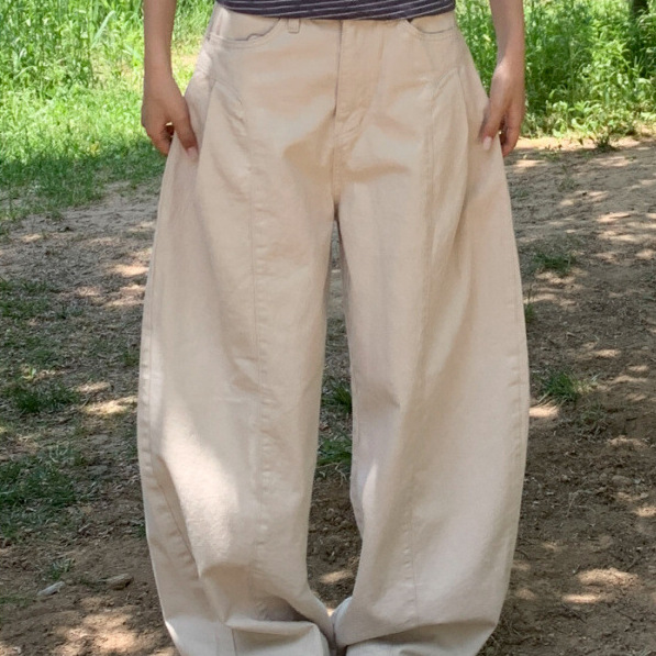 韩国女装高货百搭褶皱高腰阔腿弯刀牛仔长裤女