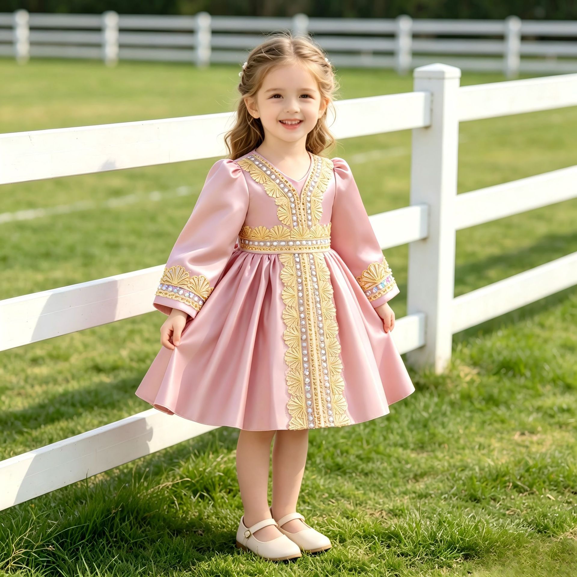 European and American export girls' dresses, princess dresses, banquet long-sleeved evening dresses, printed flower girl costumes