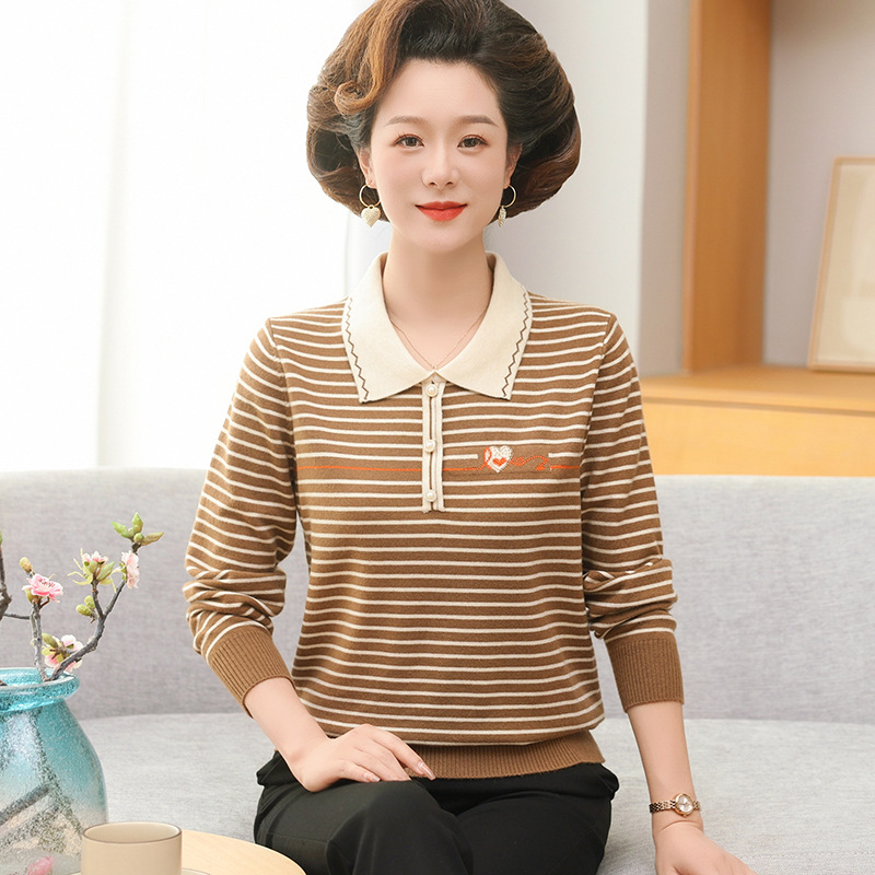 翻领上衣中老年女装薄款打底小衫休闲外穿妈妈秋装长袖条纹针织衫，商品下架区商品下架区，妃慕昵服饰
