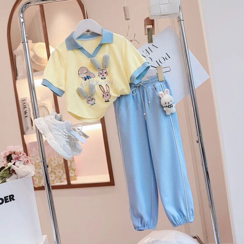 Girls' Summer 2024 New Arrival Children's Casual Two-Piece Set Short-Sleeve Athletic Pants Cartoon Skirt