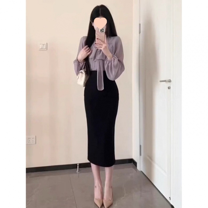 一整套韩系穿搭春秋新款轻熟风领系带衬衫上衣包臀半身裙两件套|undefined
