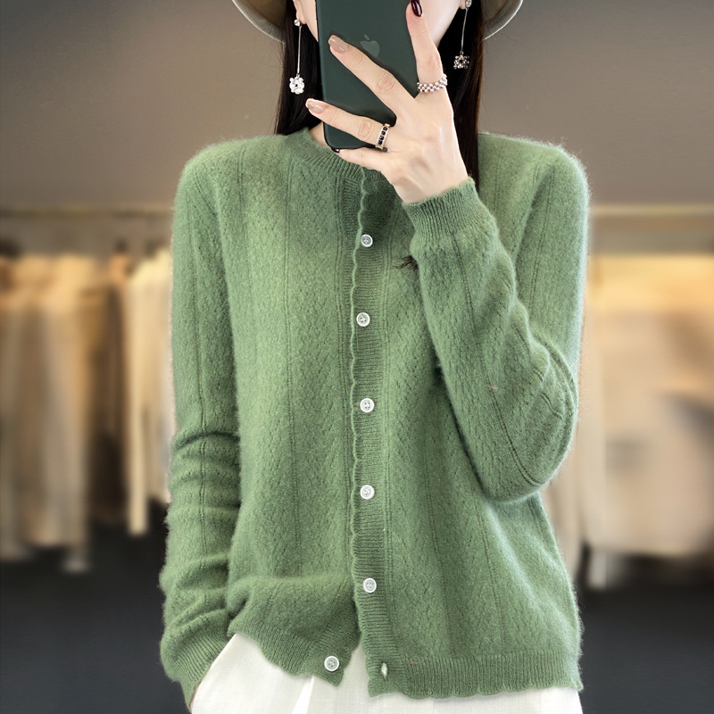 厂家跨境批发100%羊毛衫麦穗针织开衫女秋冬新款羊毛衫打底衫现货|undefined