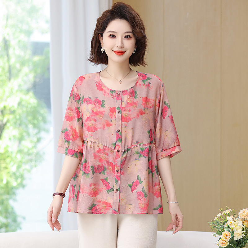 Fashionable and Stylish Plus-Size Shirts for Middle-Aged Moms, Slimming and Cool Summer New Loose-Fitting Oversized Printed Tops