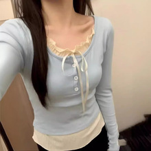 美式甜辣上衣芭蕾风浅蓝长袖t恤2024年早春新款韩系纯欲内搭上衣