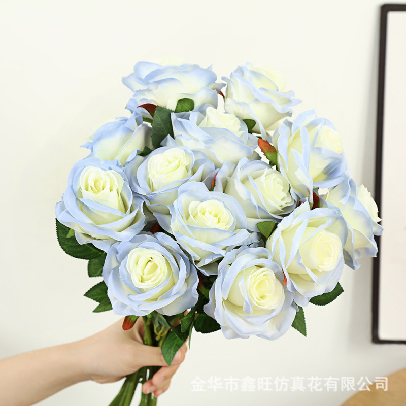 仿真花碎冰蓝玫瑰花户外拍摄摄影道具假花家居花瓶插花装饰永生花|undefined