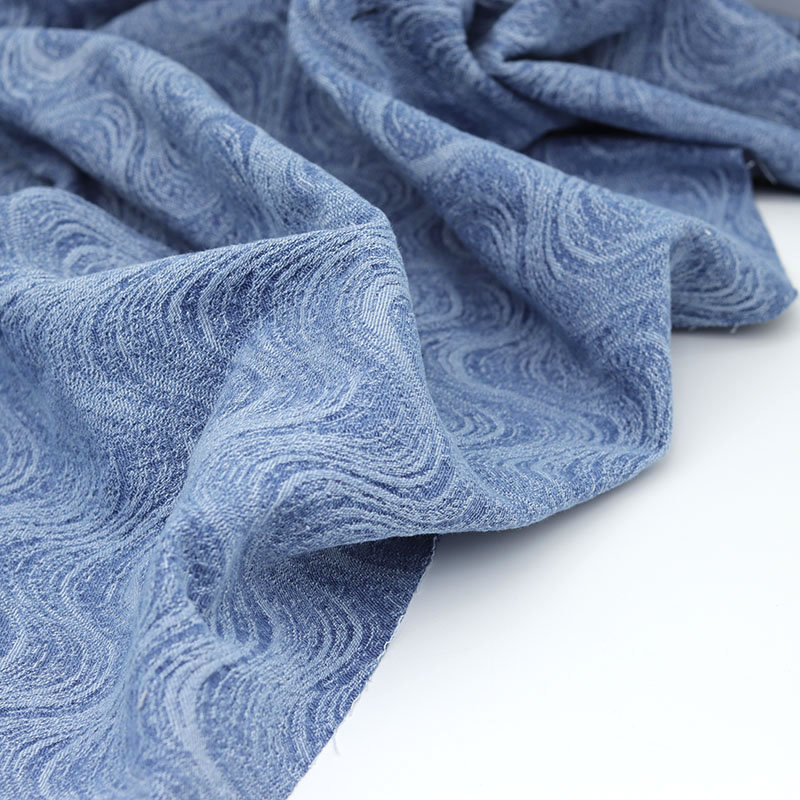 立体蓝色流水肌理提花水洗牛仔布料服装面料做衣服裤子手工di