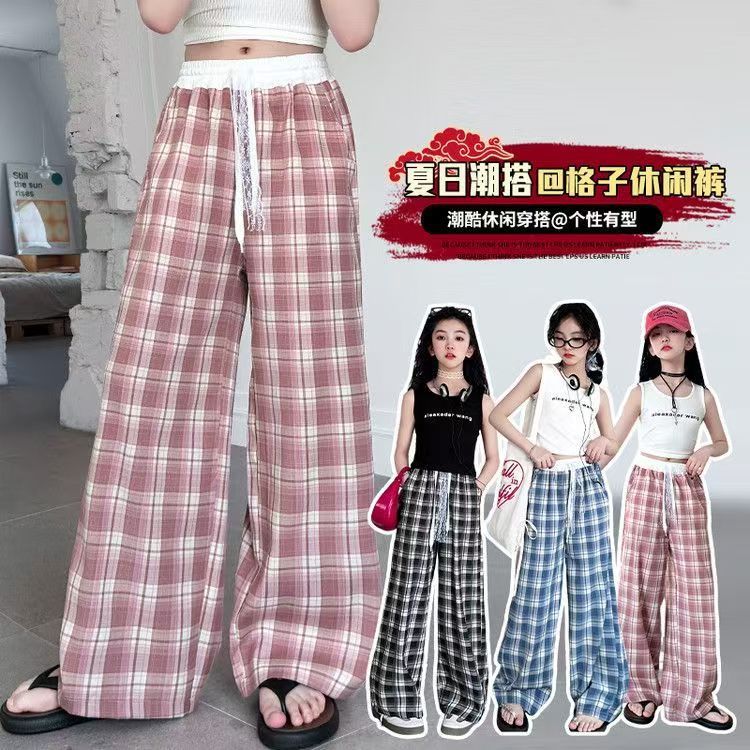 Stylish plaid pants for girls, casual summer style, loose fit, thin wide-leg pants for medium and large children.