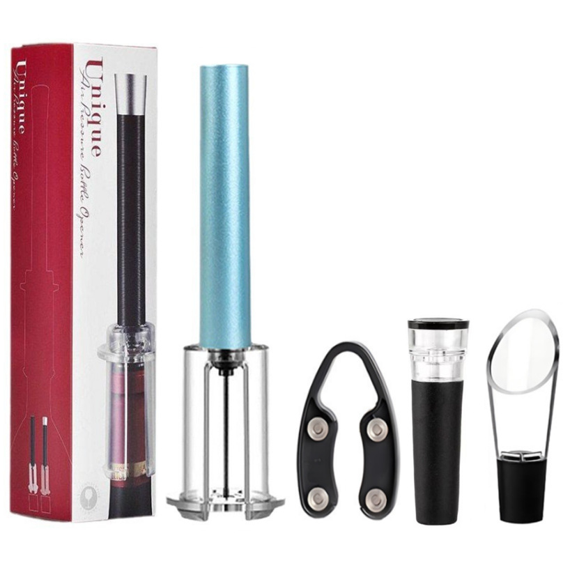 Caja de color: abrebotellas neumáticas ABS azul, juego de cuatro piezas con tapón de vino