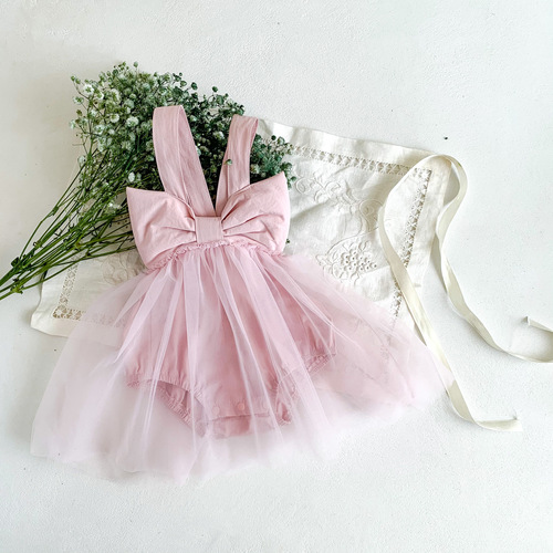 Ins New Children's Summer Dress for Girls with Big Butterfly Bow Tank Top Bodysuit Net Gauze Princess Skirt Baby First Birthday Outfit
