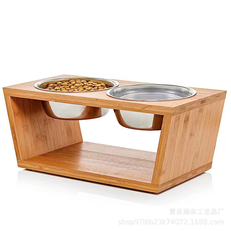 木制宠物碗架不锈钢盆双碗猫狗喂食器保护颈椎斜口宠物高架餐桌