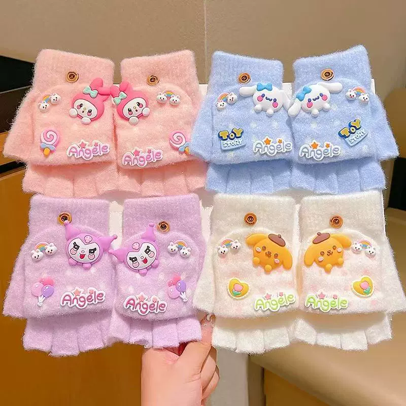 新款儿童半指写字手套宝宝女童五指套加绒保暖御寒翻盖手套秋冬季